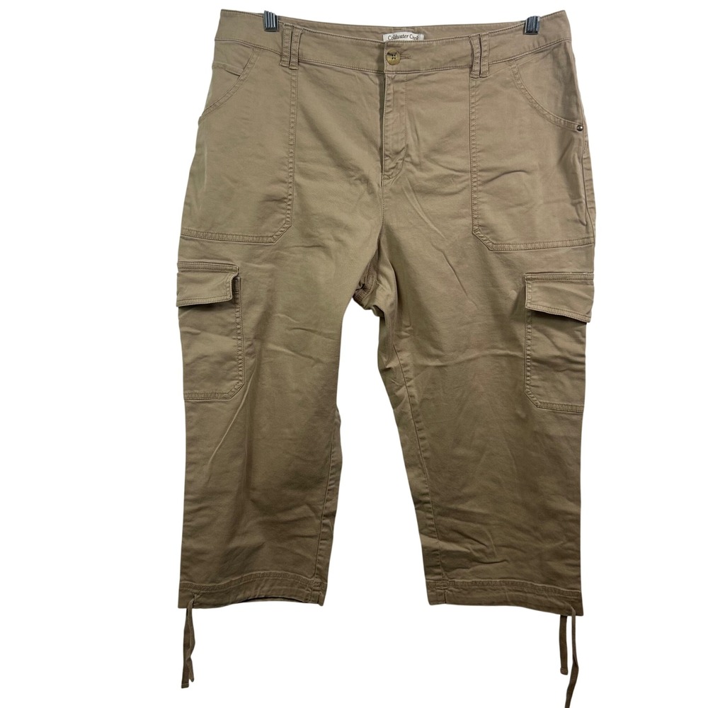 Coldwater Creek Tan Khaki Cargo Capri Pants Natural Fit Size 16 Drawstring Hem